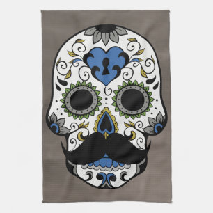Moustache Day of the Dead Sugar Skull Tea Towel