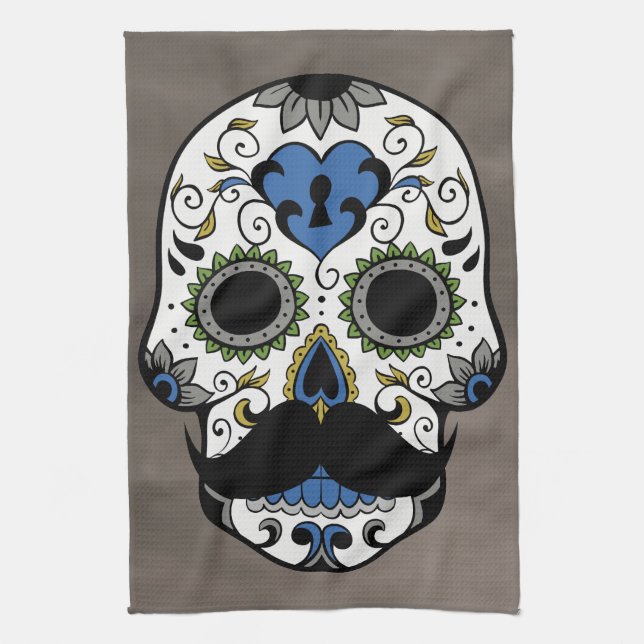 Moustache Day of the Dead Sugar Skull Tea Towel (Vertical)