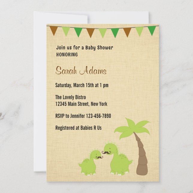 Moustache Dinosaur Theme Baby Shower Invitation (Front)
