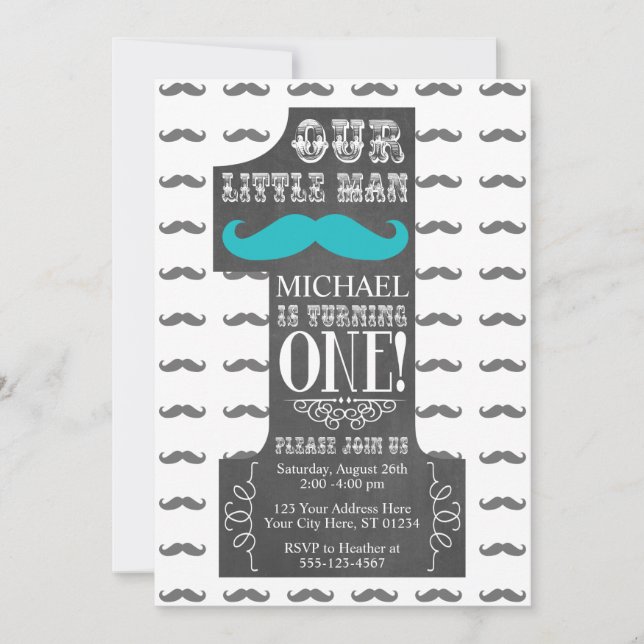Moustache First Birthday Invitation with Envelopes (Front)