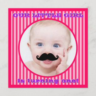 Moustache Girl Pink Stripe Birthday Invitation