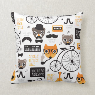 Moustache hipster fox cat and bear illustration cushion