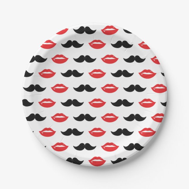 Moustache & Lips His & Hers Wedding Party Pattern Paper Plate (Front)