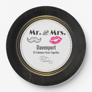 Moustache & Lips Mr. & Mrs. - Anniversary Paper Plate