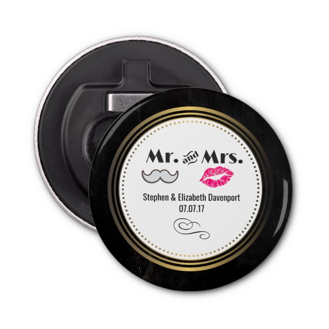 Moustache & Lips Mr. & Mrs. Black & Gold Wedding Bottle Opener (Front)