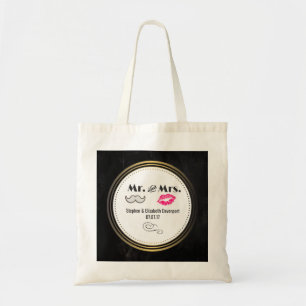 Moustache & Lips Mr. & Mrs. Black & Gold Wedding Tote Bag