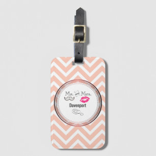 Moustache & Lips Mr. & Mrs. Peach Chevron Custom Luggage Tag