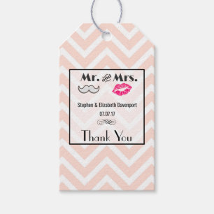 Moustache & Lips Mr. & Mrs. Peach Chevron Wedding Gift Tags