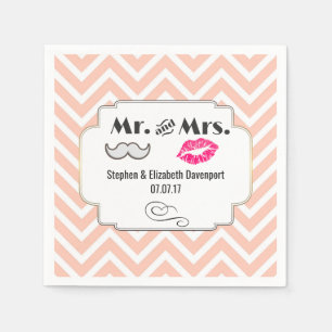 Moustache & Lips Mr. & Mrs. Peach Chevron Wedding Napkin