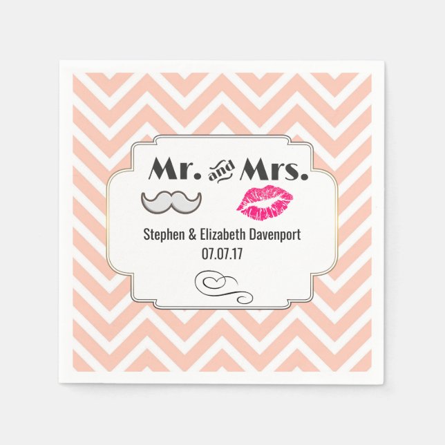 Moustache & Lips Mr. & Mrs. Peach Chevron Wedding Napkin (Front)
