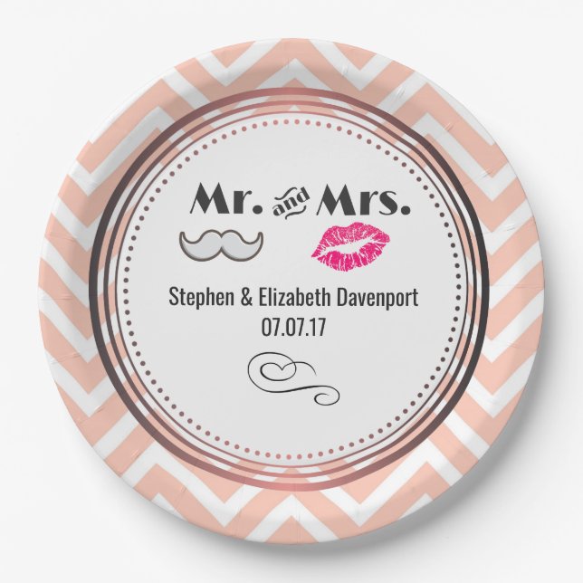 Moustache & Lips Mr. & Mrs. Peach Chevron Wedding Paper Plate (Front)