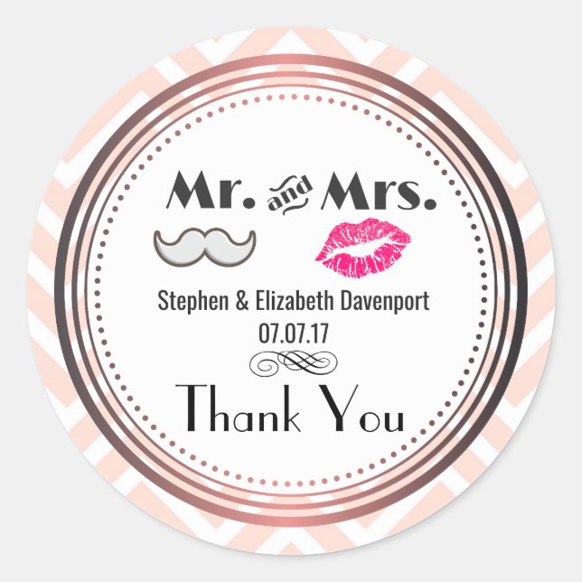 Moustache & Lips Mr. & Mrs. Wedding Thank You Classic Round Sticker (Front)