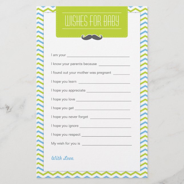 Moustache / Little Man Baby Shower Wishes for Baby (Front)
