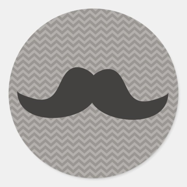 Moustache on grey chevron background classic round sticker (Front)