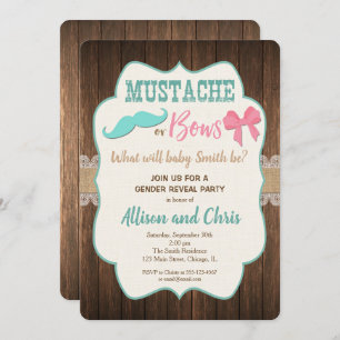 Moustache or bows Gender reveal invitation rustic