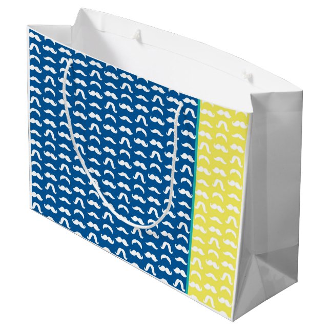 Moustache Pattern Blue Yellow Colourful Design Fun Large Gift Bag (Back Angled)
