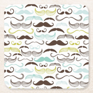 Moustache pattern, retro style 2 square paper coaster