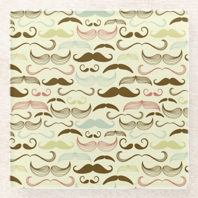 Moustache pattern, retro style 4 glass coaster (Front)