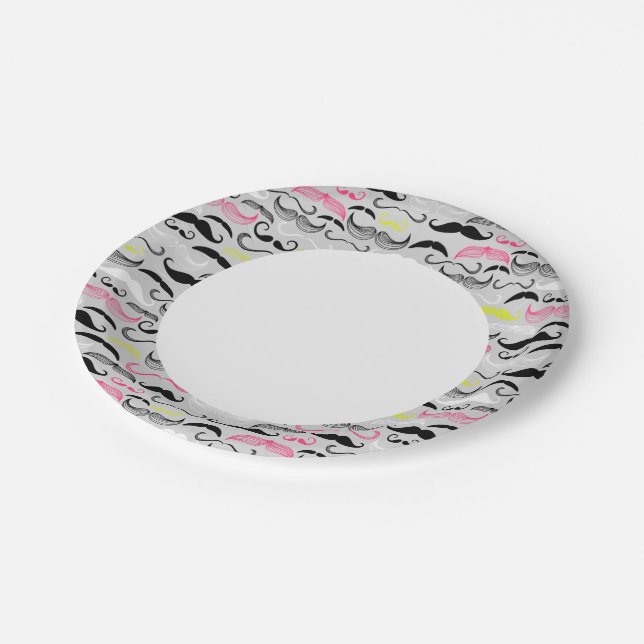 Moustache pattern, retro style paper plate (Angled)