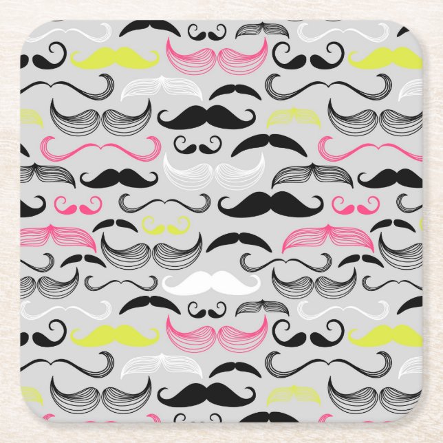 Moustache pattern, retro style square paper coaster (Front)