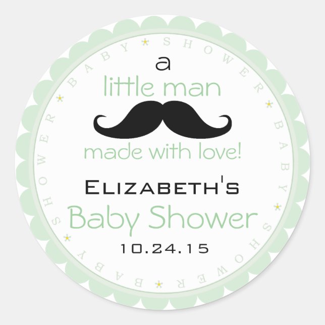 Moustache Sage Green Baby Shower Classic Round Sticker (Front)