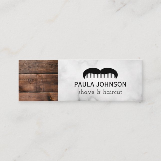 Moustache Shave and Haircut Barber | Wood Trim Mini Business Card (Front)