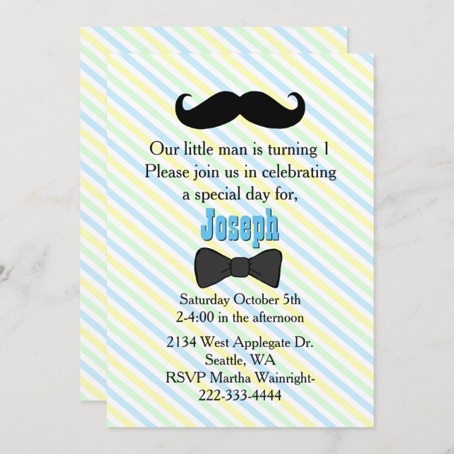 Moustache Striped First Birthday Invitation (Front/Back)