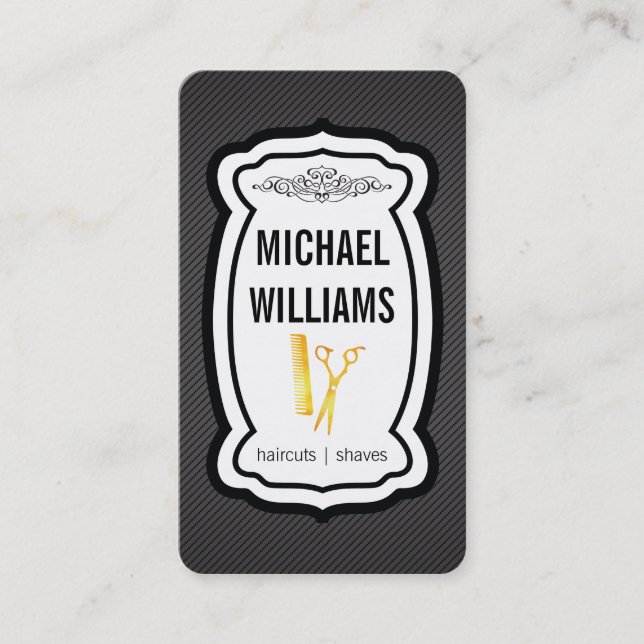 Moustache Stripes Golden Shears Comb Business Card (Front)