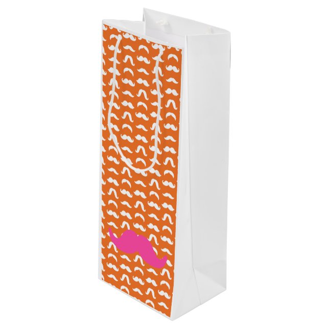Moustache Styles Pattern Preppy Orange Pink Fun Wine Gift Bag (Front Angled)