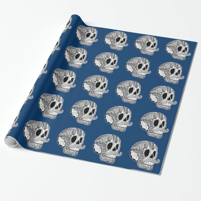 Moustache Sugar Skull (BW) Wrapping Paper (Unrolled)