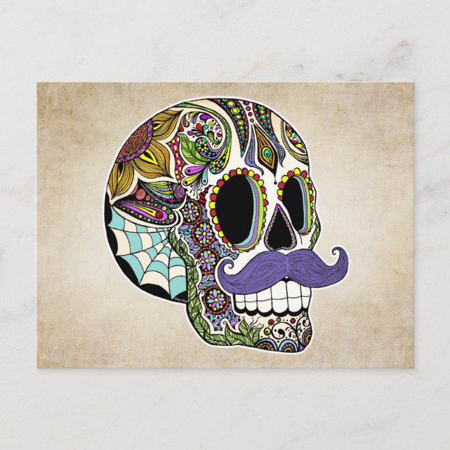 Moustache Sugar Skull Colour Postcard (Front)