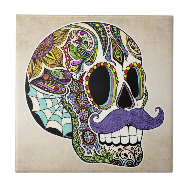 Moustache Sugar Skull (Colour) Tile (Front)
