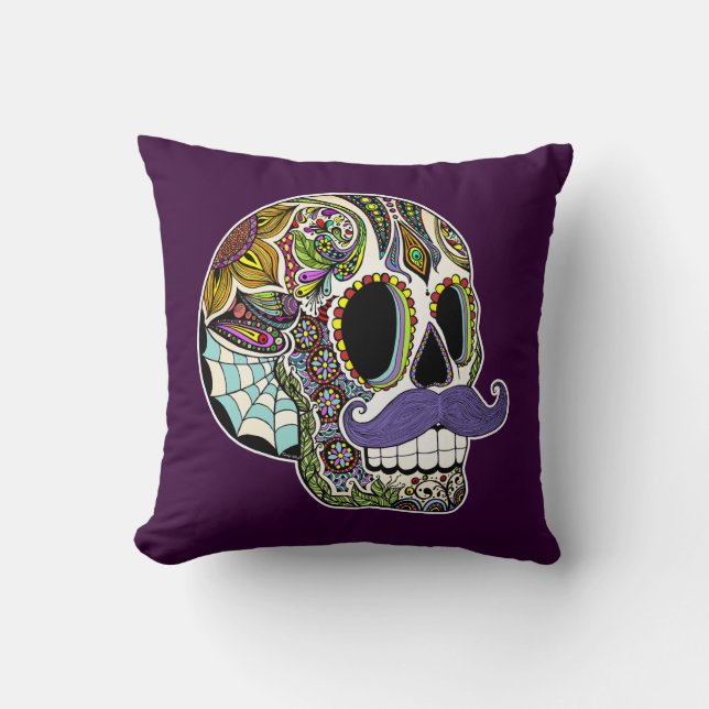Moustache Sugar Skull Pillow - Colour Customisable (Front)