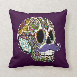 Moustache Sugar Skull Pillow - Colour Customisable