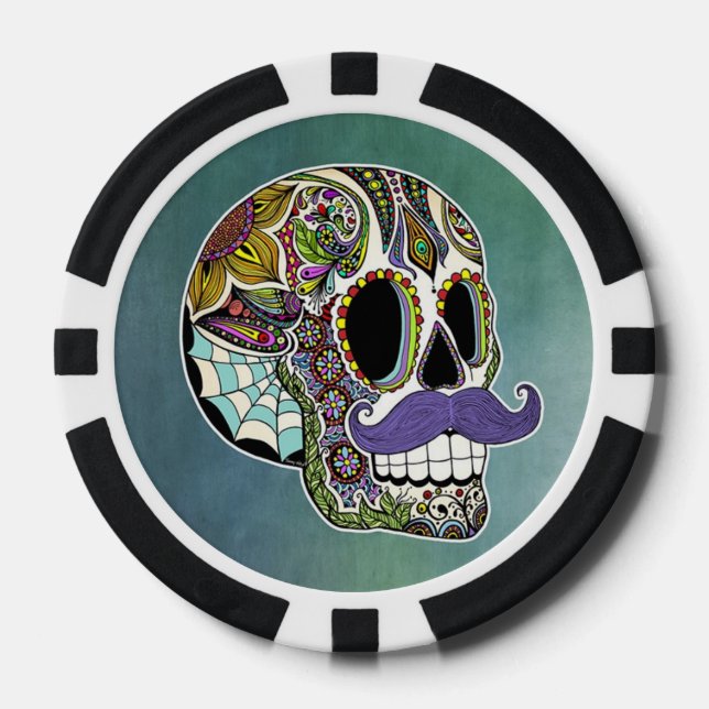 Moustache sugar Skull Poker Chips (Front)