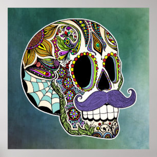 Moustache Sugar Skull Poster - Textured Background