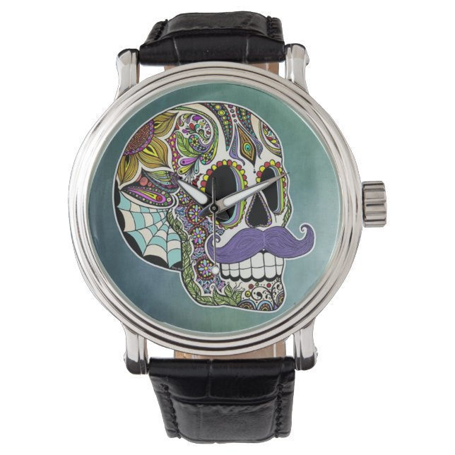 Moustache Sugar Skull Watch (Front)