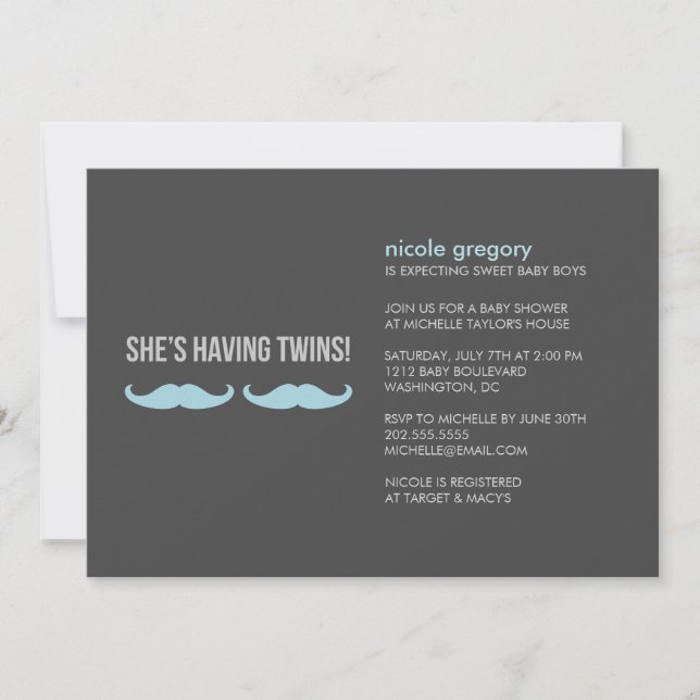Moustache Twins Baby Shower Invitation (Front)