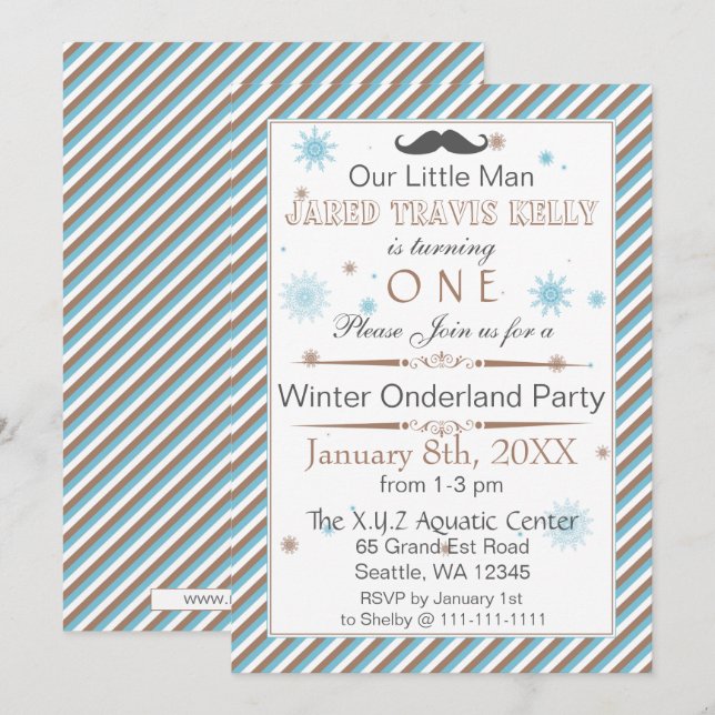 moustache winter wonderland 1st birthday party invitation (Front/Back)