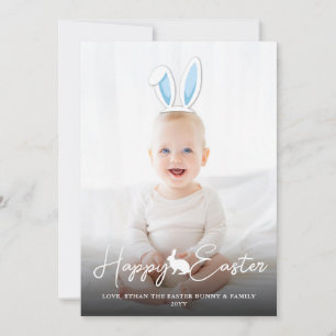 Moveable Blue Bunny Ears Photo Overlay Happy Easte Card