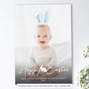 Moveable Blue Bunny Ears Photo Overlay Happy Easte Card