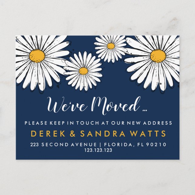 Moved house daisy ink drawing  announcement postcard (Front)