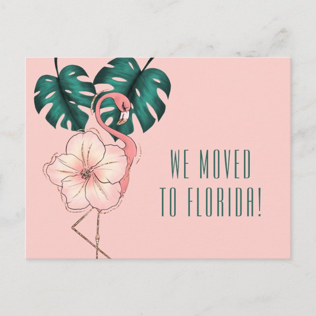 Moved to Florida Flamingo Monstera Leaf Pink Announcement Postcard (Front)
