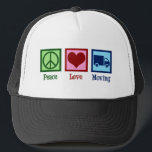 Mover Peace Love Moving Company Truck Trucker Hat<br><div class="desc">Peace Love Moving Company. A cool mover business design with a peace sign,  heart,  and moving truck. Load up some boxes and order this cute movers present.</div>