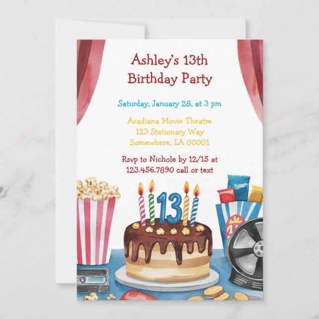 Movie and Popcorn Kid's Birthday Party Invitation (Front)