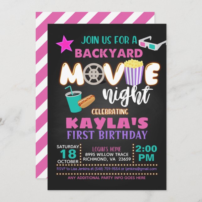 Movie Birthday Invitation - Girl (Front/Back)
