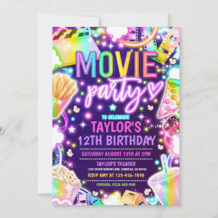 Movie Birthday Party Neon Rainbow Movie Party Invitation