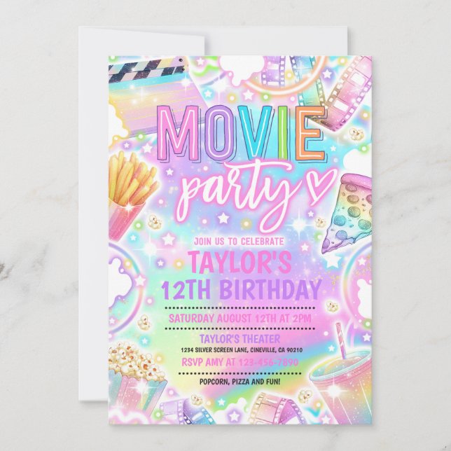 Movie Birthday Party Pastel Rainbow Movie Party Invitation (Front)