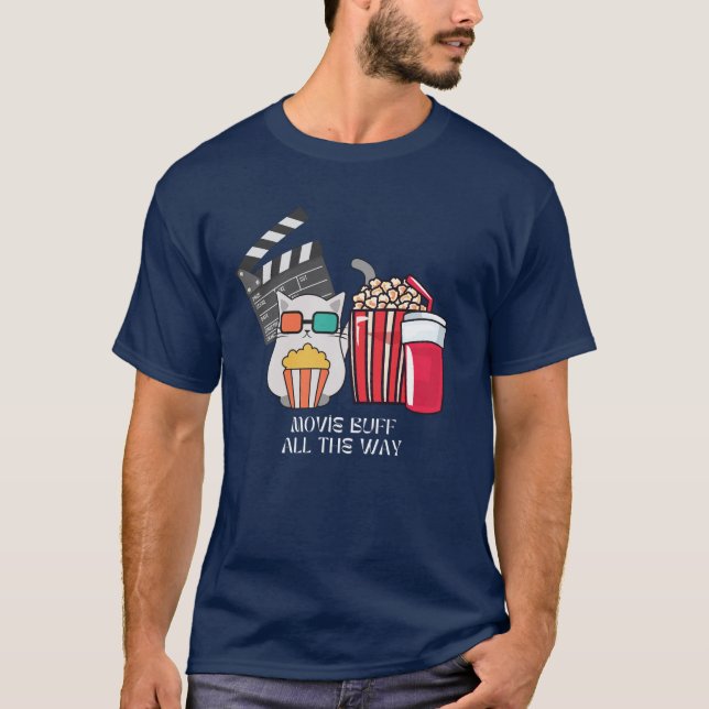 Movie Buff Cat with Popcorn and Drinks T-Shirt (Front)