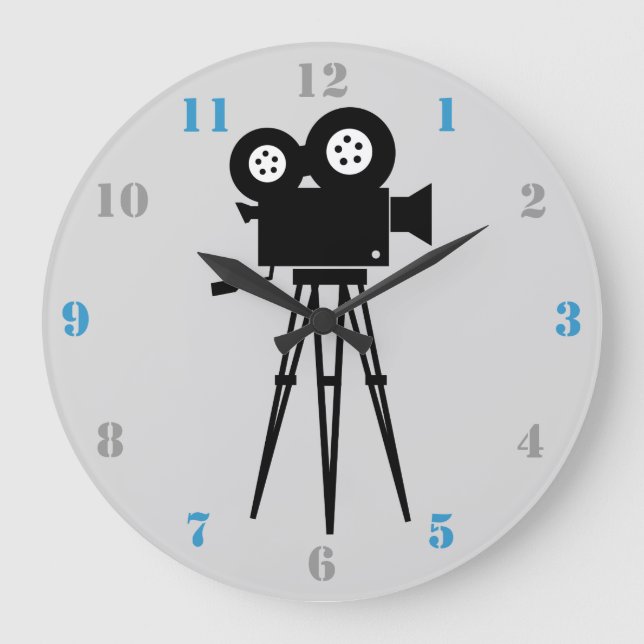 MOVIE CAMERA AND TRIPOD WITH GRAY AND BLUE NUMBERS LARGE CLOCK (Front)